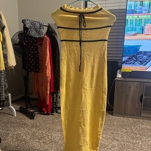 Yellow Knit Sleeveless Maxi Dress with Black Trim